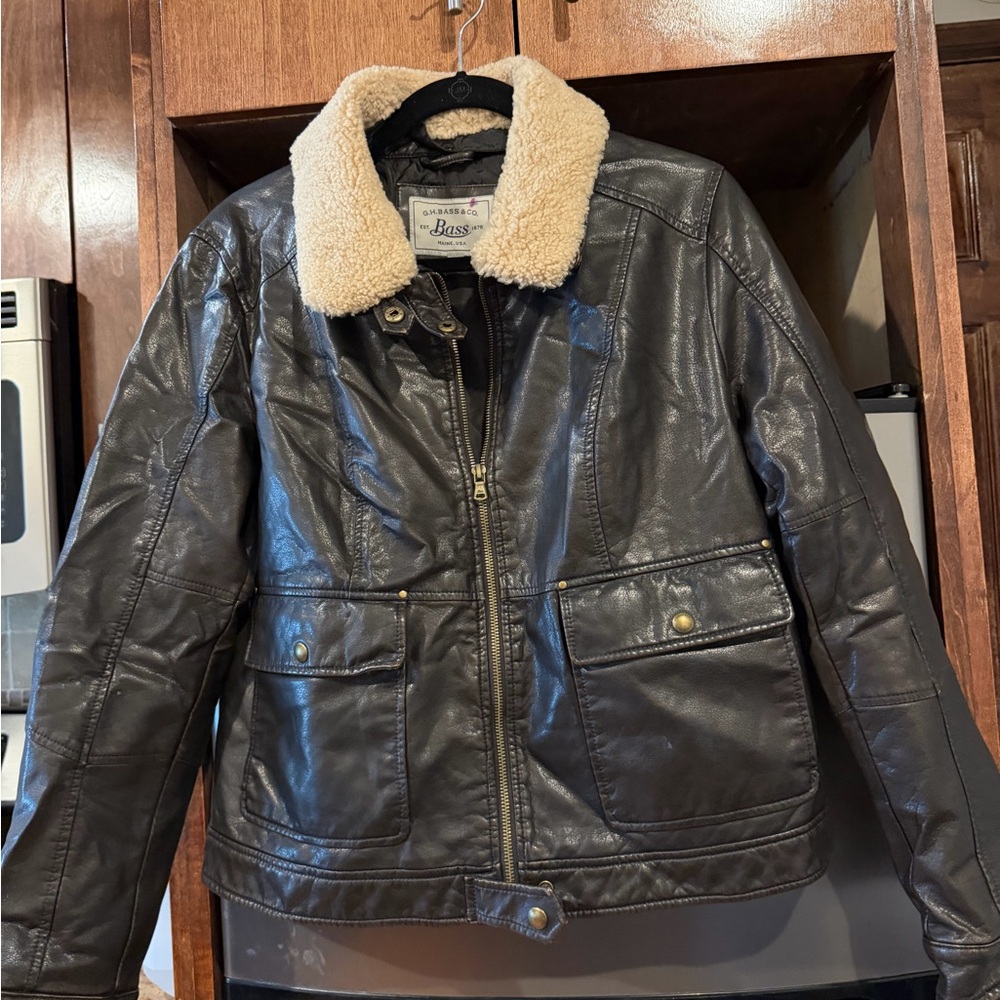 G.H. Bass & Co. Dark Brown Leather Jacket with Cream Shearling Collar